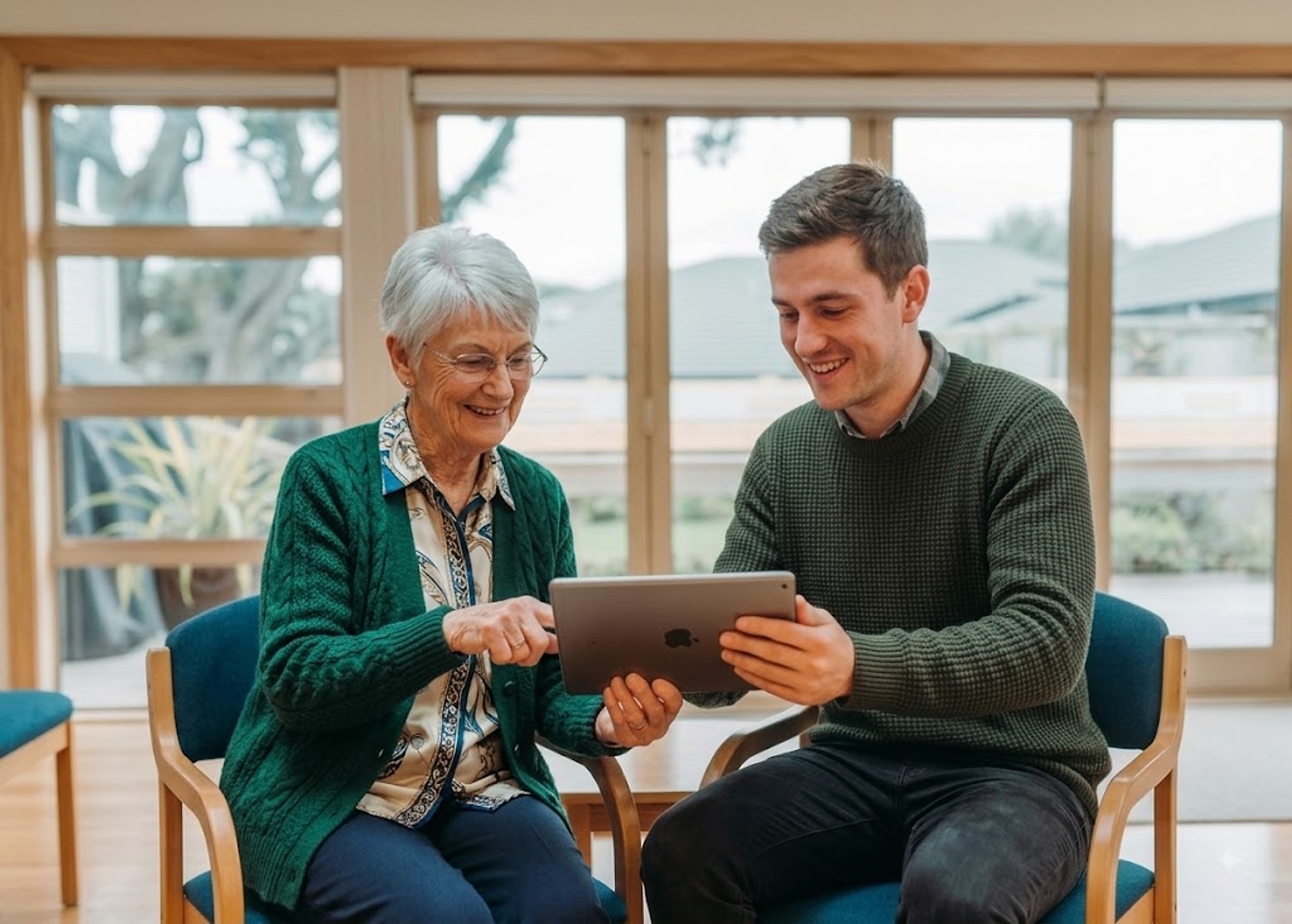 An older woman sitting with a young man, sharing a tablet between them.